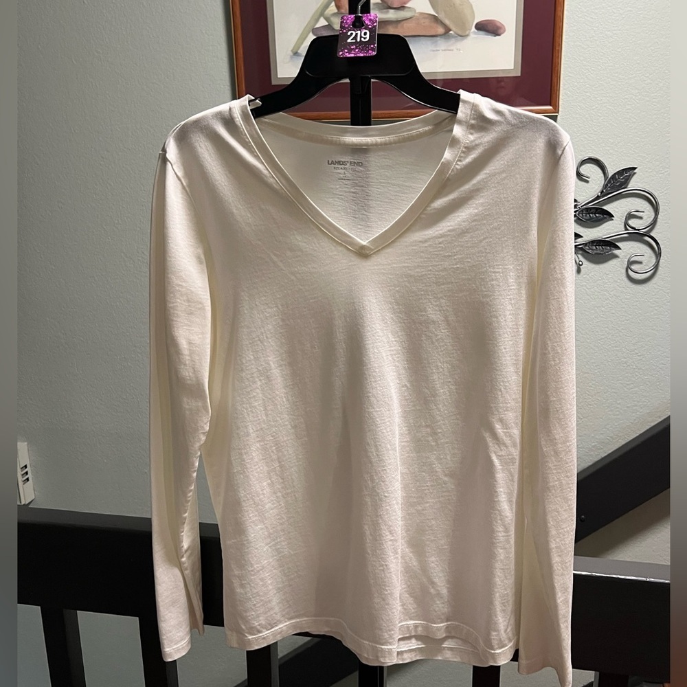 Lands' End Cream White V-Neck Long Sleeve Top #OC219